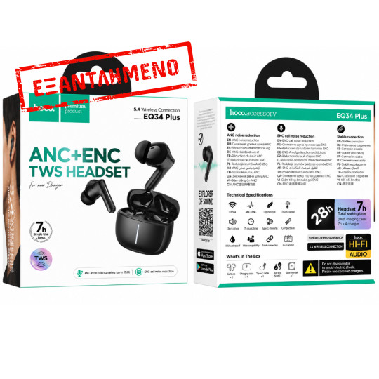 Wireless Hands Free Hoco EQ34 Plus Rima ANC+ENC v5.4 300mAh 7 Ώρες Λειτουργίας Μαύρα