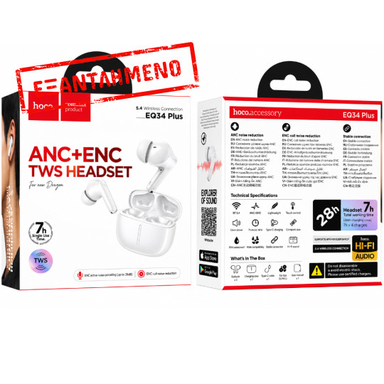 Wireless Hands Free Hoco EQ34 Plus Rima ANC+ENC v5.4 300mAh 7 Ώρες Λειτουργίας Λευκά