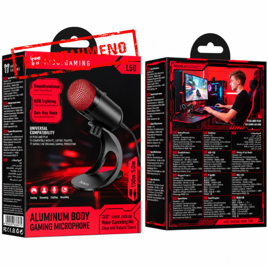 Επιτραπέζιο Μικρόφωνο Hoco L50 Profit για Streaming Gaming Video Calls RGB USB-C Πολυκατευθυντικό Μικρόφωνο Κουμπί Mute Μαύρο