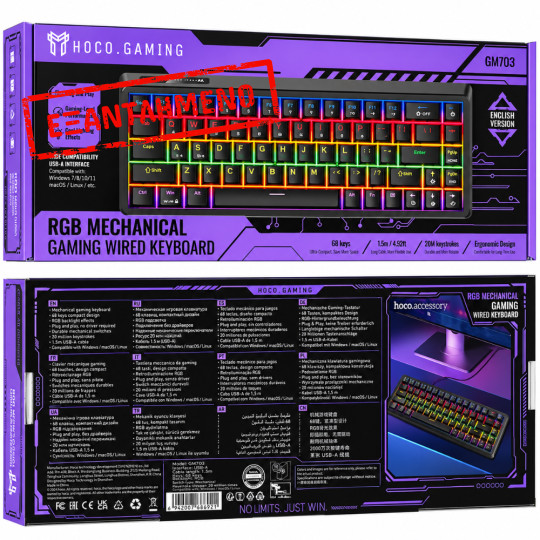 Ενσύρματο Gaming Μηχανικό Πληκτρολόγιο Hoco GM703 Rico 68 Πλήκτρων RGB Φωτισμό και Καλώδιο USB-C 1.5m