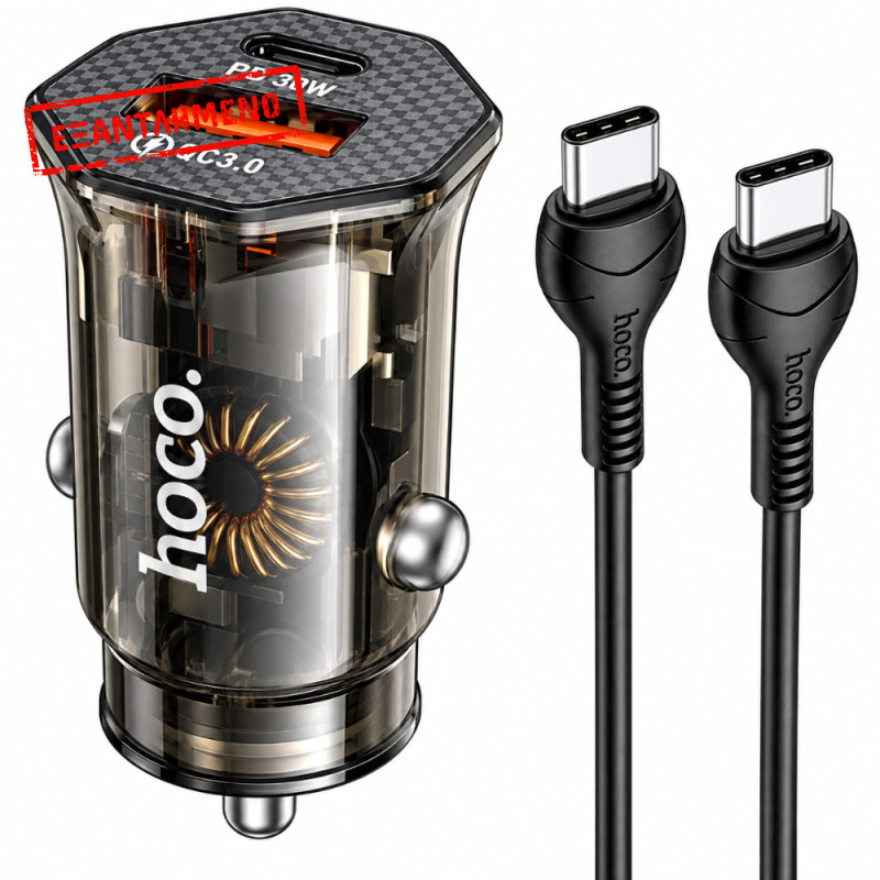 Φορτιστής Αυτοκινήτου Hoco. DZ16 Apex Lightweight USB-C PD30W + USB-A 18W QC3.0A με Καλώδιο USB-A σε USB-C Διάφανος Φιμέ