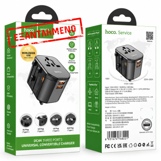 Φορτιστής Ταξιδίου Hoco. DC44 Universal Converter US EU AU UK με 2xUSB-A 1xUSB-C PD20W Μαύρος