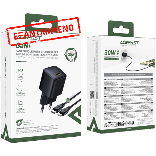 Φορτιστής Ταξιδίου Acefast A118 Mini Fast Charging 1xUSB-C PD30W QC3.0 GaN με USB-C σε Lightning Καλώδιο 1.2m Μαύρος