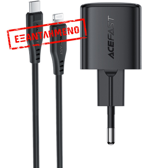 Φορτιστής Ταξιδίου Acefast A118 Mini Fast Charging 1xUSB-C PD30W QC3.0 GaN με USB-C σε Lightning Καλώδιο 1.2m Μαύρος