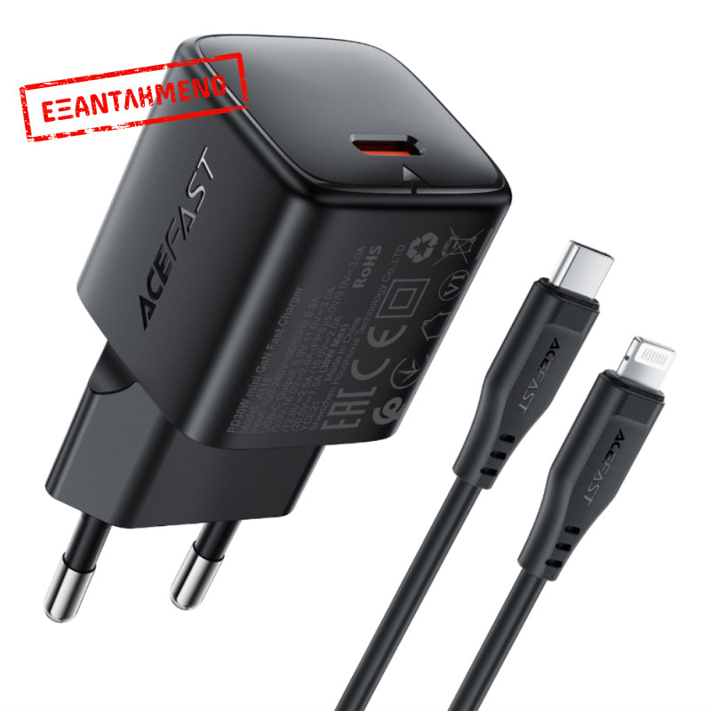 Φορτιστής Ταξιδίου Acefast A118 Mini Fast Charging 1xUSB-C PD30W QC3.0 GaN με USB-C σε Lightning Καλώδιο 1.2m Μαύρος
