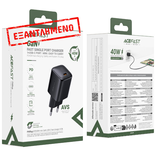 Φορτιστής Ταξιδίου Acefast A136 Mini Fast Charging 1xUSB-C PD40W QC3.0 GaN Μαύρος