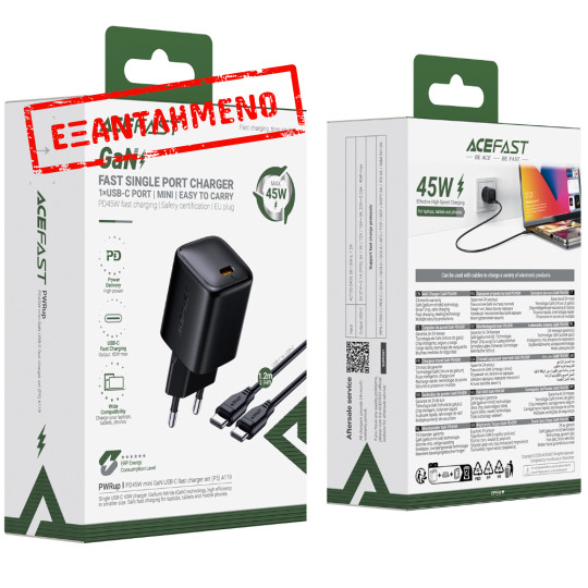 Φορτιστής Ταξιδίου Acefast A119 Mini Fast Charging 1xUSB-C PD45W QC3.0 GaN  με Καλώδιο USB-C σε USB-C 1.2m Μαύρος