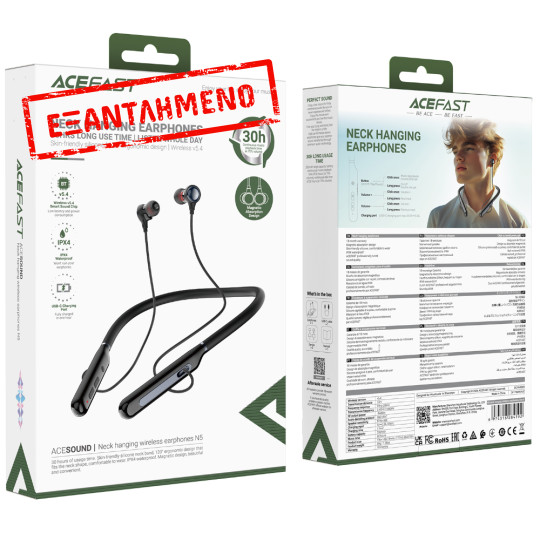 Bluetooth Hands Free Acefast N5 Neckband Magnetic v5.4 200mAh 30Hrs Αναπαραγωγής IPX4 Μαύρα