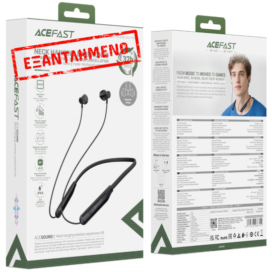 Bluetooth Hands Free Acefast N9 Neckband v6.0 200mAh 32Hrs Αναπαραγωγής IPX4 Μαύρα