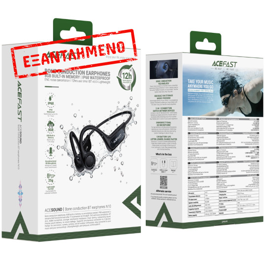Bluetooth Hands Free Acefast N10 Neckband ENC v6.0 220mAh 12hrs Αναπαραγωγής IP68 με 8GB Μνήμη για Χρήση χωρίς Bluetooth Μαύρα