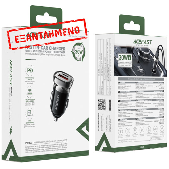 Φορτιστής Αυτοκινήτου Acefast B19 PD30W 1xUSB-A 1xUSB-C Μαύρος