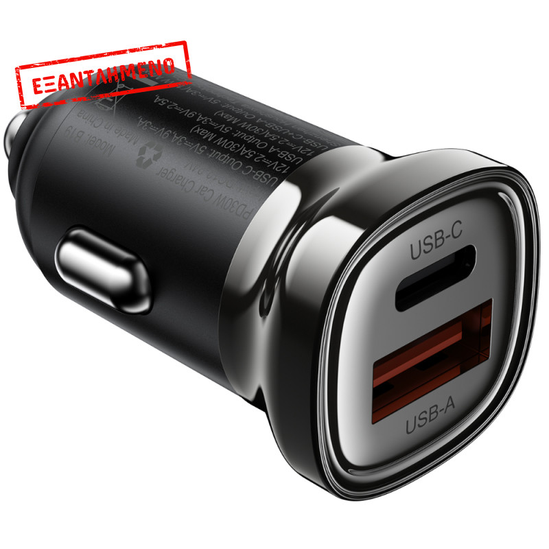 Φορτιστής Αυτοκινήτου Acefast B19 PD30W 1xUSB-A 1xUSB-C Μαύρος