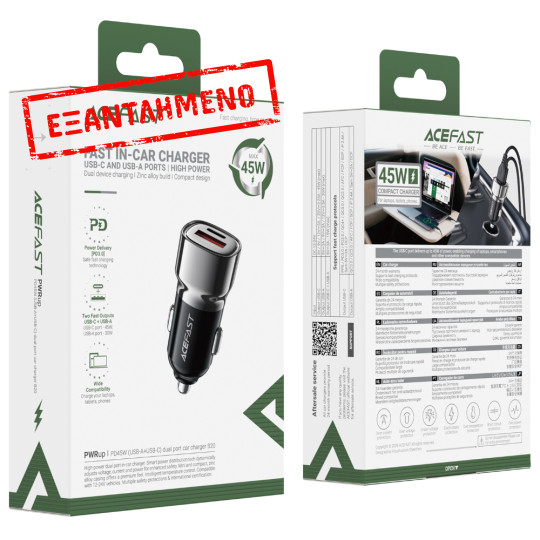 Φορτιστής Αυτοκινήτου Acefast B20 PD45W 1xUSB-A 1xUSB-C Μαύρος