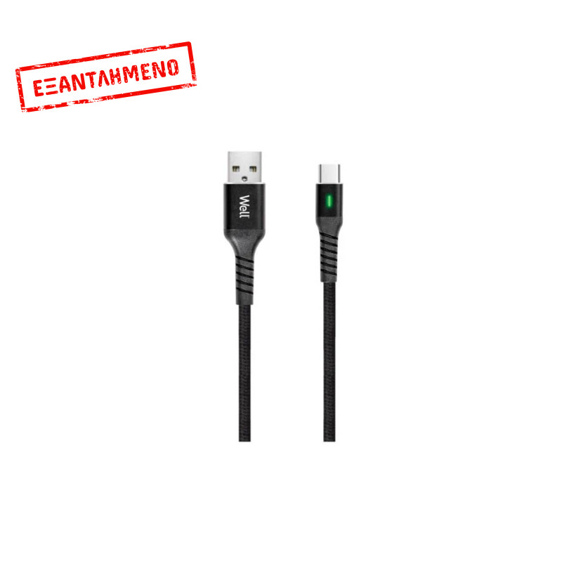 Καλώδιο 3A USB 2.0 σε Type-C Φόρτισης - Data με ένδειξη φόρτισης 1m Μαύρο Well CABLE-USB/USBC-1BK04-