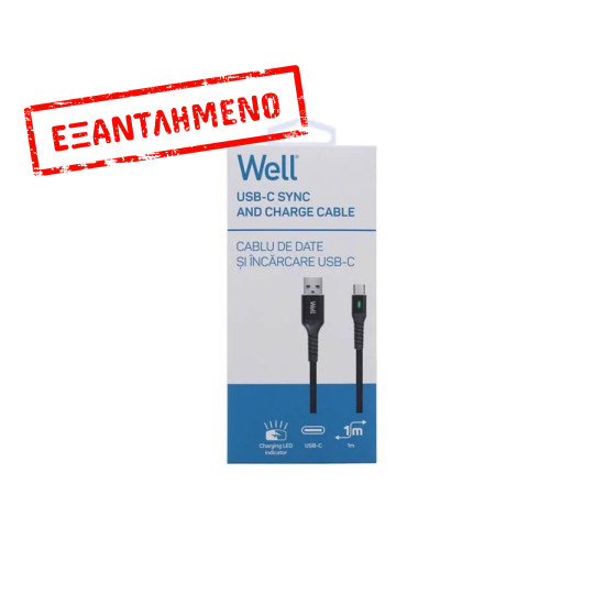 Καλώδιο 3A USB 2.0 σε Type-C Φόρτισης - Data με ένδειξη φόρτισης 1m Μαύρο Well CABLE-USB/USBC-1BK04-