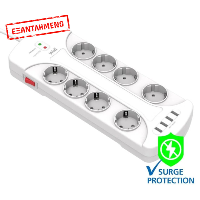 Πολύπριζο Well 8x Schuko και 4x USB με Διακόπτη 3m/3g1.5 με προστασία EXTS-8S3M-PROT/USB4-WL
