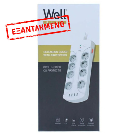 Πολύπριζο Well 8x Schuko και 4x USB με Διακόπτη 3m/3g1.5 με προστασία EXTS-8S3M-PROT/USB4-WL