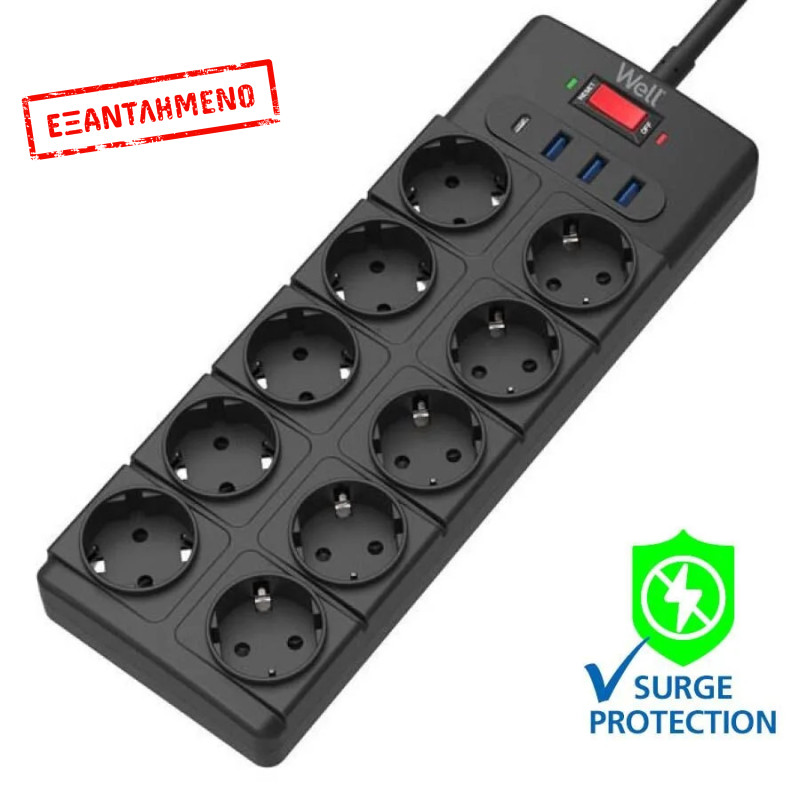 Πολύπριζο Well 10x Schuko και 3x USB A, 1x USB Type-C με Διακόπτη 2m/3g1.5 με προστασία EXTS-10S2M-P