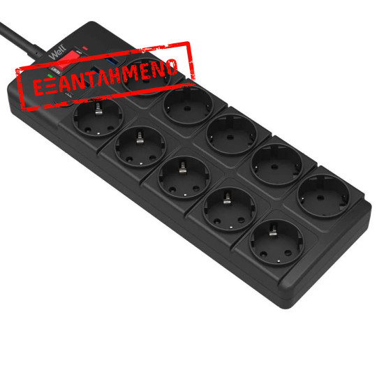 Πολύπριζο Well 10x Schuko και 3x USB A, 1x USB Type-C με Διακόπτη 2m/3g1.5 με προστασία EXTS-10S2M-P