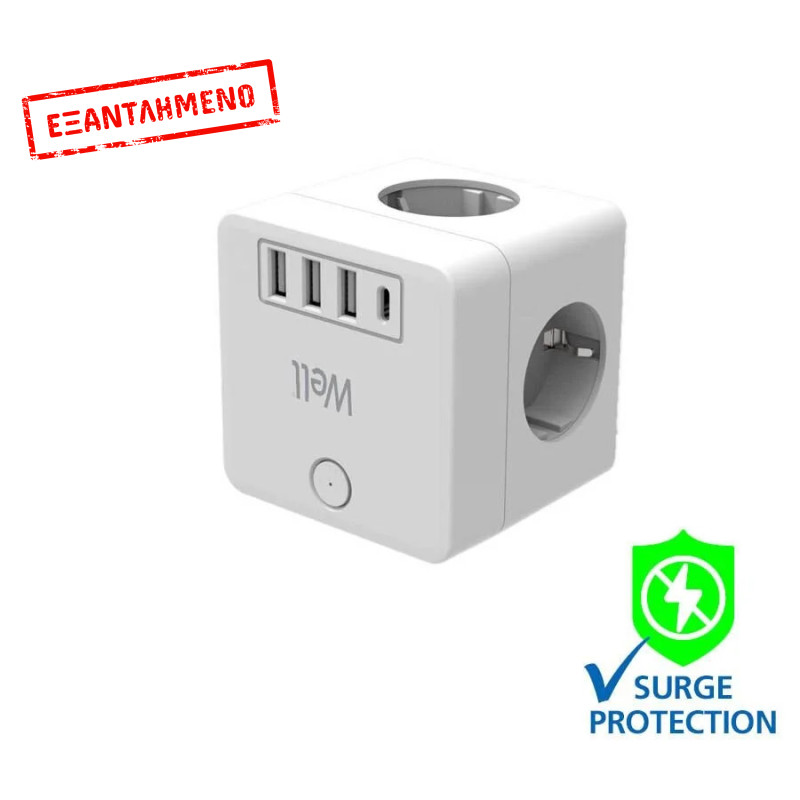 Πολύπριζο Well Κύβος 2x Schuko & 2x Euro με 3x USB Α & 1x USB Type-C PD20W με προστασία ELAD-2SH2EU-