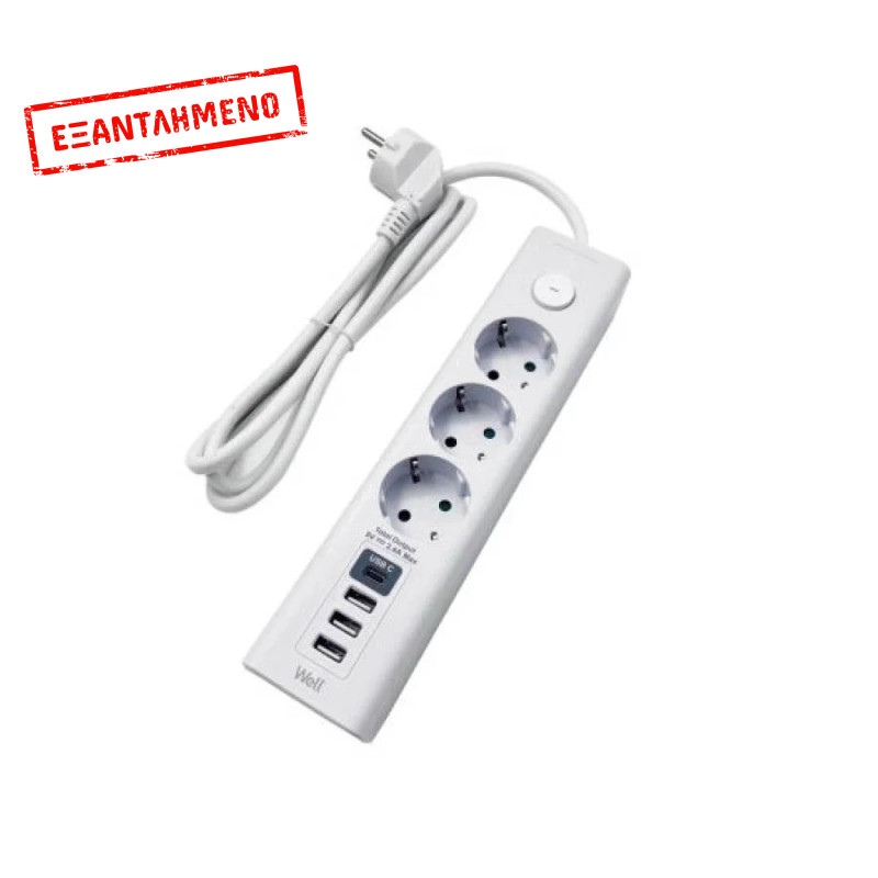 Πολύπριζο Well 3x Schuko, 3x USB και με 1x USB-C Διακόπτη 3m/3g1.5 EXTS-3S3M-USBC4-WL