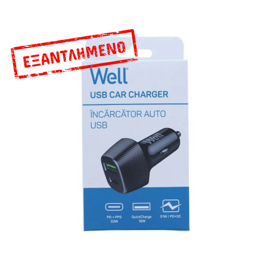 Well Universal DUAL USB 3.0/Type C Fast Car Charger 5V/3A 51W Μαύρος PSUP-USB-CPQ5101BK-WL