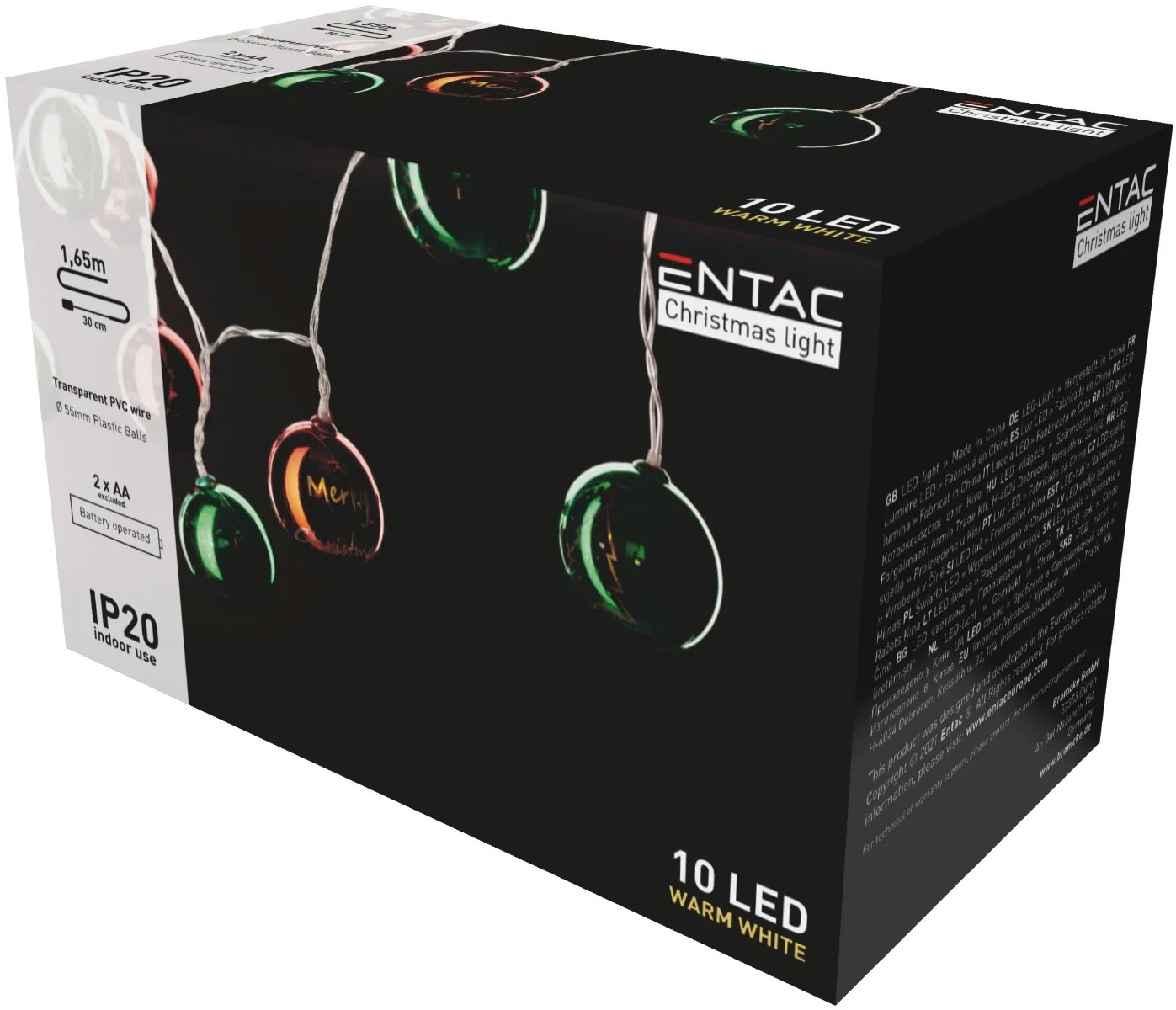 Entac Χριστουγεννιάτικα Εσωτερικά Χρωματιστές Μπάλες 55mm 10 LED Θερμό 1,65μ Entac Χριστουγεννιάτικα Εσωτερικά Χρωματιστές Μπάλες 55mm 10 LED Θερμό 1,65μ