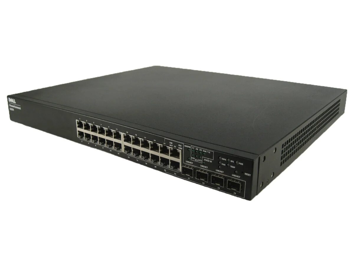 SWITCH DELL Powerconnect 6224 24-Ports Gigabit (4) 1G SFP /w STACKING MODULE 10G (P/N: YY741) w/ Rkmnts SWITCH DELL Powerconnect 6224 24-Ports Gigabit (4) 1G SFP /w STACKING MODULE 10G (P/N: YY741) w/ Rkmnts