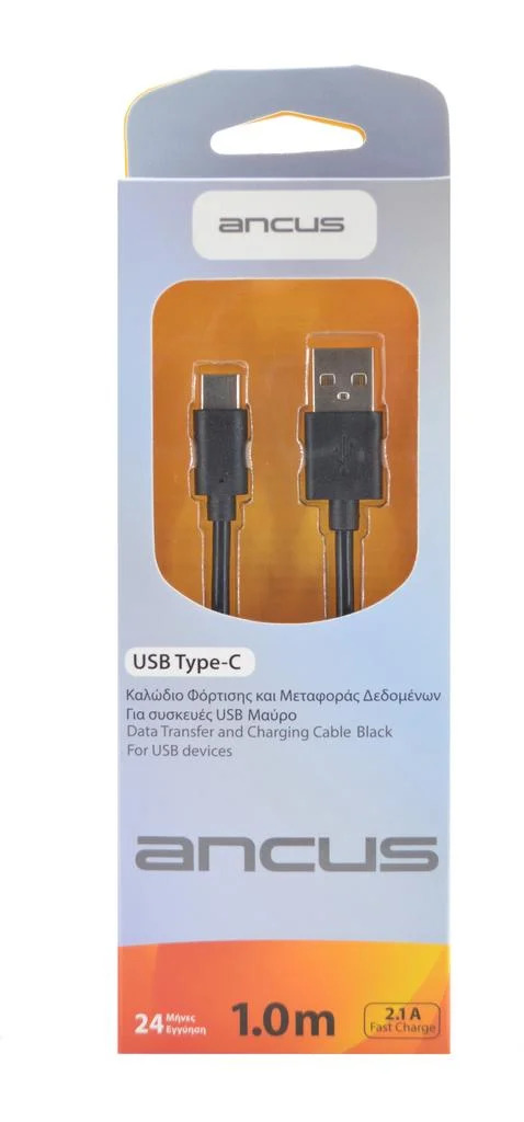 Καλώδιο σύνδεσης Ancus USB σε USB-C 2.1Α Μαύρο 1m Καλώδιο σύνδεσης Ancus USB σε USB-C 2.1Α Μαύρο 1m