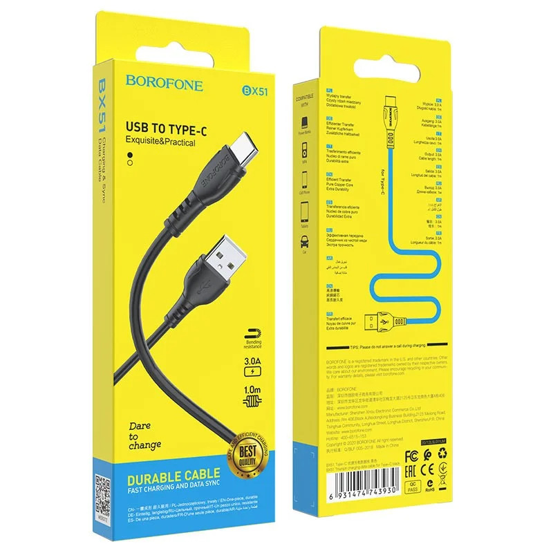 Καλώδιο Borofone BX51 Triumph USB σε USB-C 3A Μαύρο 1m Καλώδιο Borofone BX51 Triumph USB σε USB-C 3A Μαύρο 1m