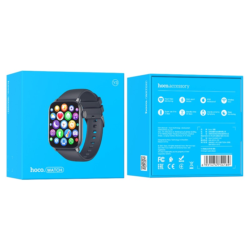 Smartwatch Hoco Y3 IP68 IPS Screen 1.69" 2.5D Glass 220mAh Bluettoth V5.0 Silicon Band Μαύρο Smartwatch Hoco Y3 IP68 IPS Screen 1.69" 2.5D Glass 220mAh Bluettoth V5.0 Silicon Band Μαύρο