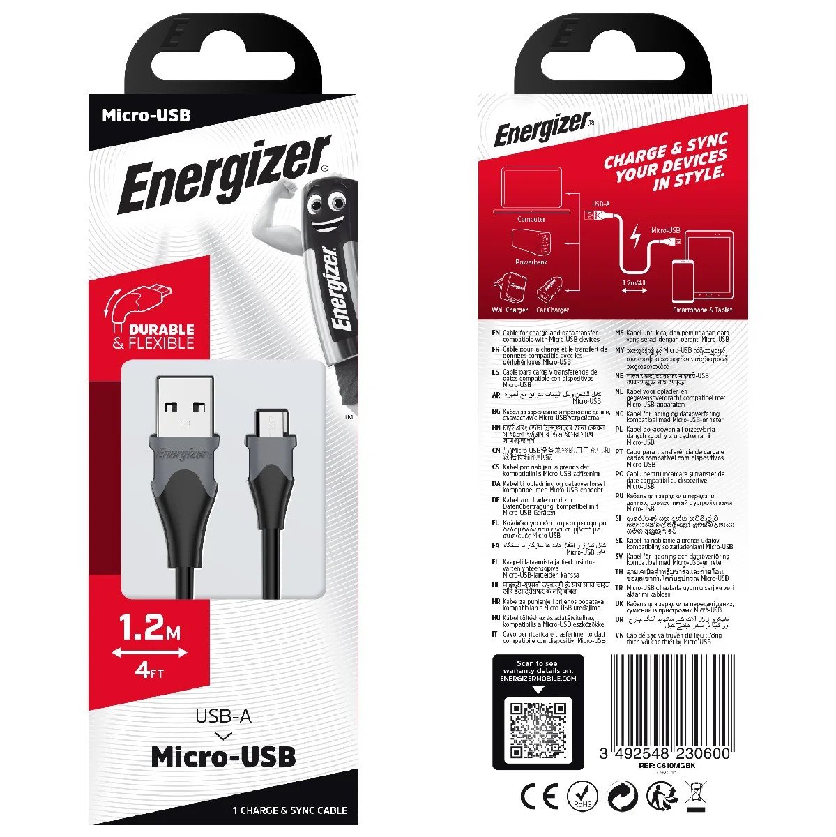 Καλώδιο Σύνδεσης Energizer Bicolor 2.4A Micro-Usb Μαύρο 1.2m Καλώδιο Σύνδεσης Energizer Bicolor 2.4A Micro-Usb Μαύρο 1.2m