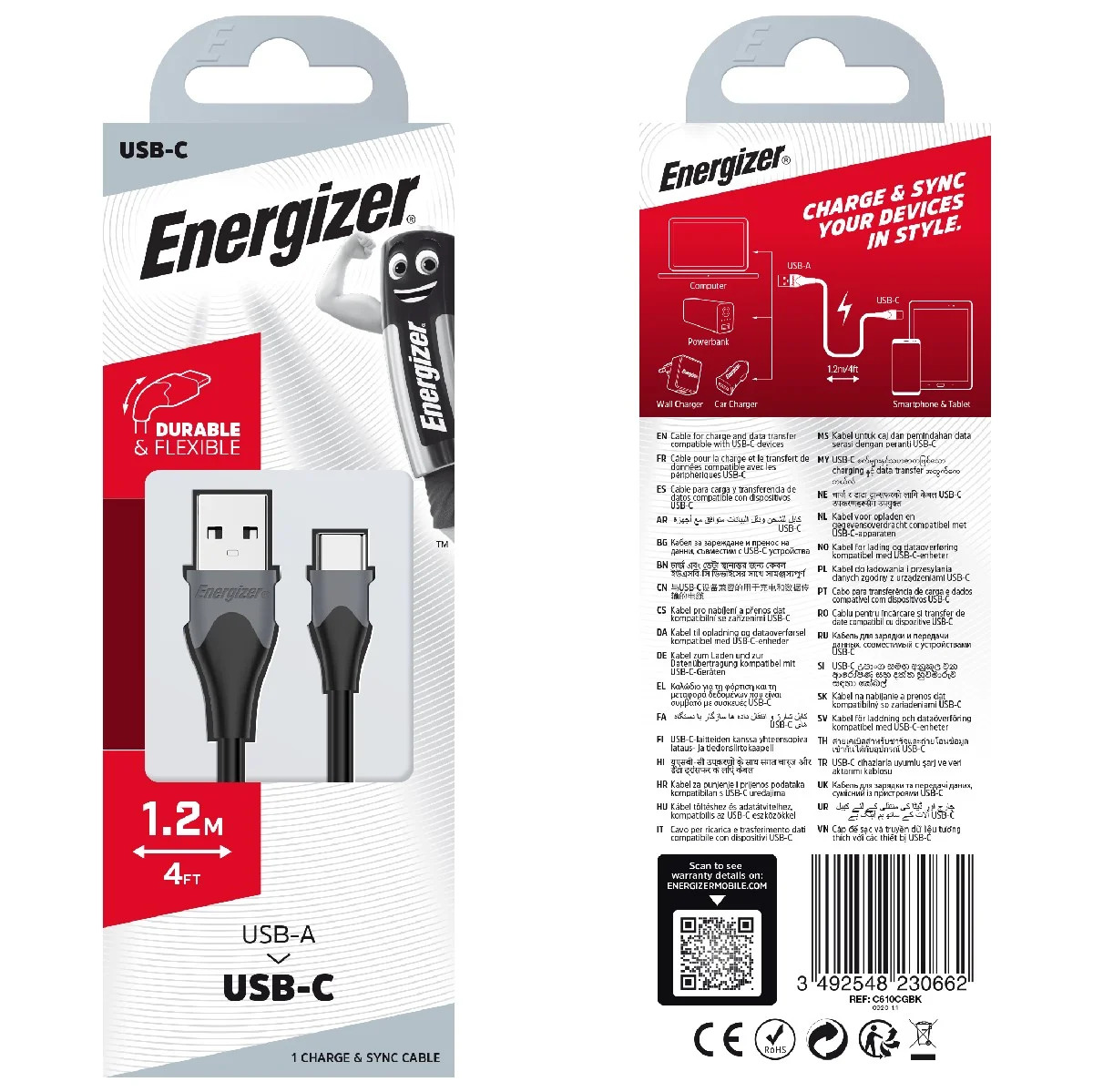 Καλώδιο Σύνδεσης Energizer Bicolor 2.0A USB-A σε USB-C Μαύρο 1.2m Καλώδιο Σύνδεσης Energizer Bicolor 2.0A USB-A σε USB-C Μαύρο 1.2m