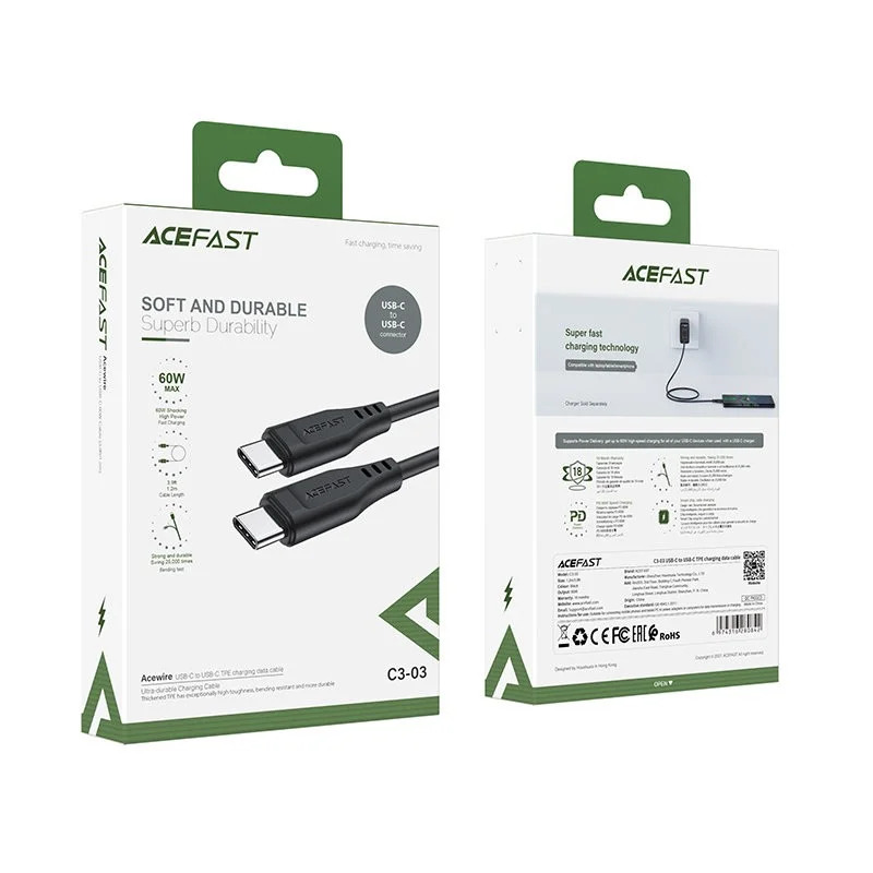 Καλώδιο σύνδεσης Acefast C3-03 USB-C σε USB-C Braided 3A 60W 1.2m Μαύρο Καλώδιο σύνδεσης Acefast C3-03 USB-C σε USB-C Braided 3A 60W 1.2m Μαύρο