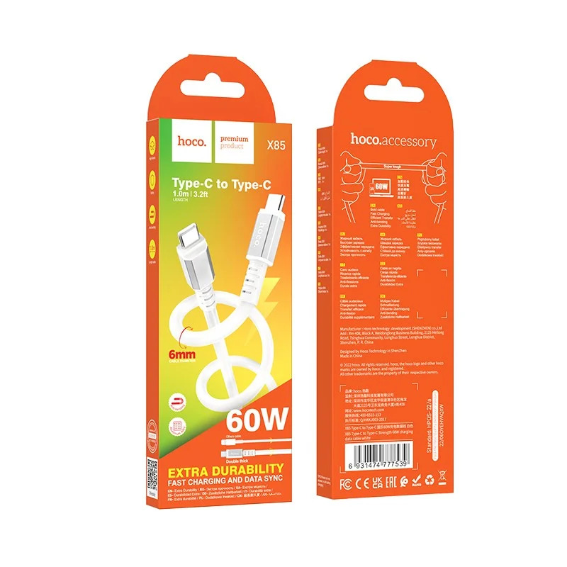 Καλώδιο Σύνδεσης Hoco X85 Strength USB-C σε USB-C 60W 20V/3A Υψηλής Αντοχής Λευκό 1m Καλώδιο Σύνδεσης Hoco X85 Strength USB-C σε USB-C 60W 20V/3A Υψηλής Αντοχής Λευκό 1m
