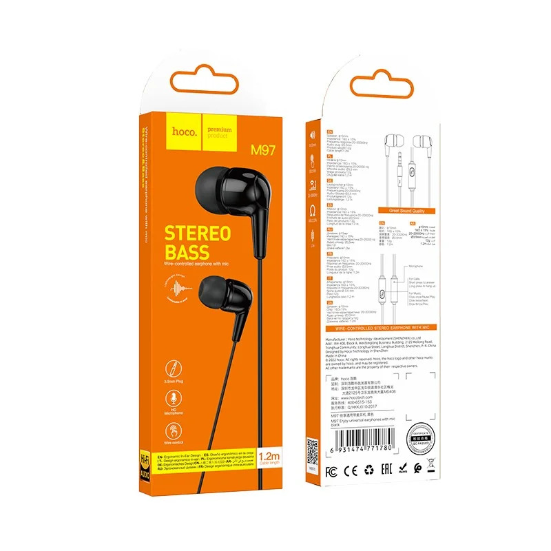 Hands Free Hoco M97 Enjoy Earphones Stereo 3.5mm με Μικρόφωνο και Πλήκτρο Λειτουργίας Μαύρα Hands Free Hoco M97 Enjoy Earphones Stereo 3.5mm με Μικρόφωνο και Πλήκτρο Λειτουργίας Μαύρα