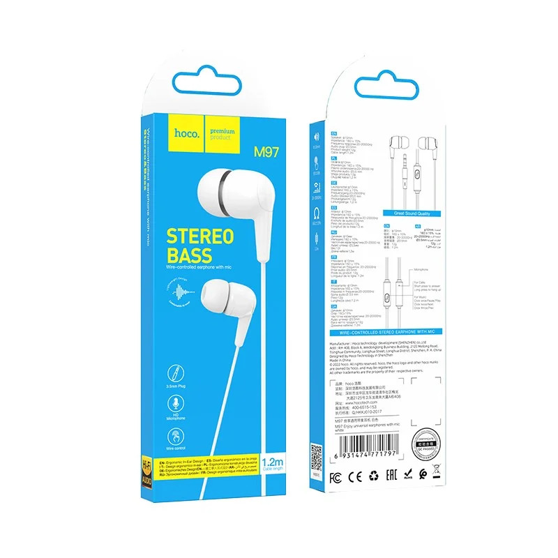 Hands Free Hoco M97 Enjoy Earphones Stereo 3.5mm με Μικρόφωνο και Πλήκτρο Λειτουργίας Λευκά Hands Free Hoco M97 Enjoy Earphones Stereo 3.5mm με Μικρόφωνο και Πλήκτρο Λειτουργίας Λευκά