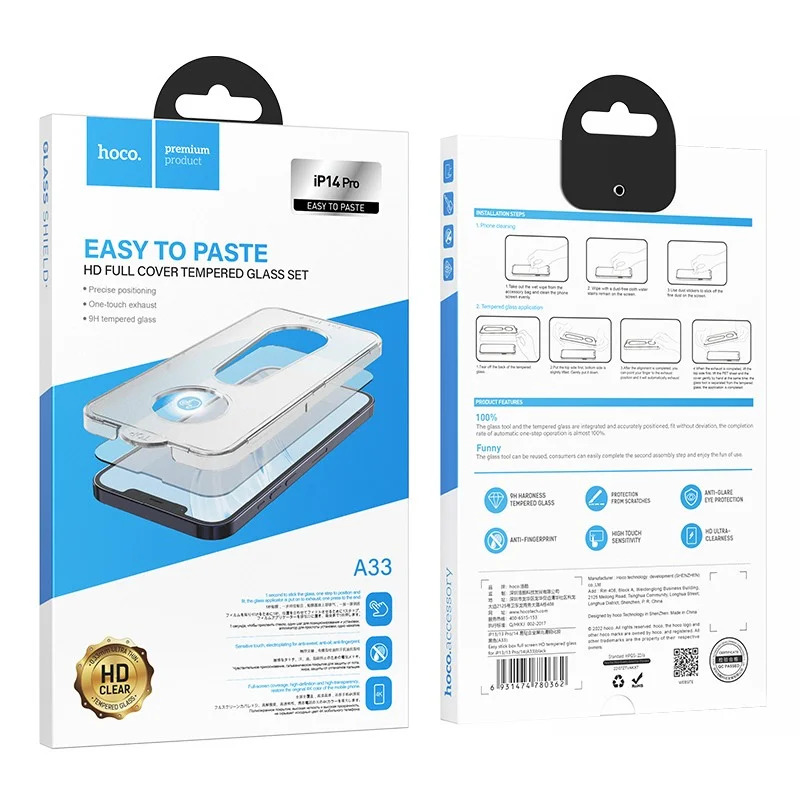 Tempered Glass Hoco A33 9Η Full Screen Protection 0.33mm για Apple iPhone 14 Pro με Οδηγό για Εύκολη Τοποθέτηση Tempered Glass Hoco A33 9Η Full Screen Protection 0.33mm για Apple iPhone 14 Pro με Οδηγό για Εύκολη Τοποθέτηση