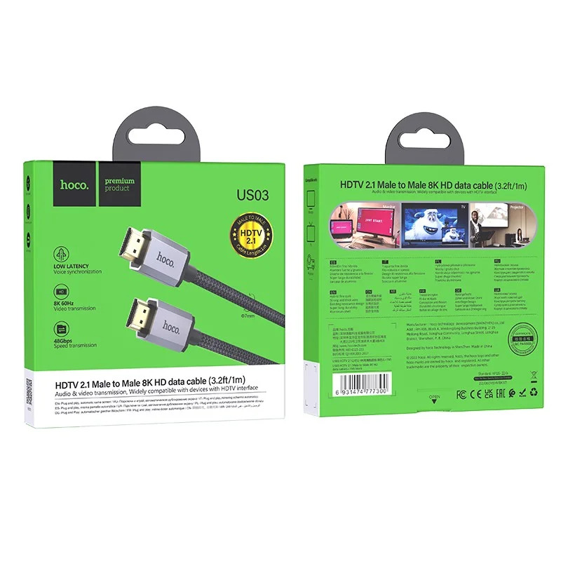 Καλώδιο σύνδεσης HDMI Hoco US03 HDMI 2.1 σε 8K 60Hz Ultra HD 48Gbps Μαύρο 1m Braided Καλώδιο σύνδεσης HDMI Hoco US03 HDMI 2.1 σε 8K 60Hz Ultra HD 48Gbps Μαύρο 1m Braided