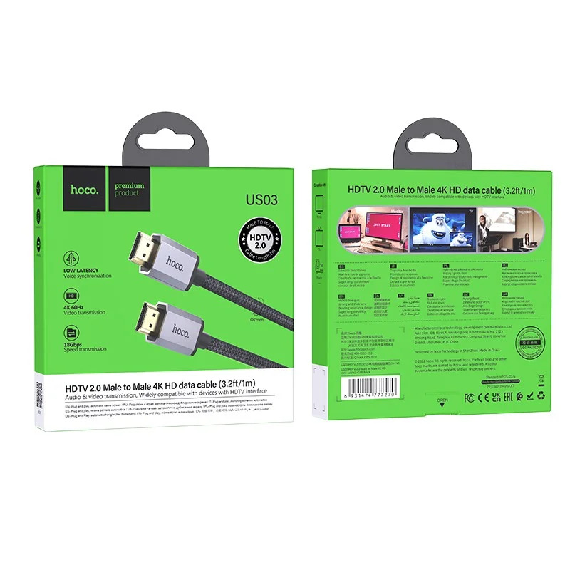 Καλώδιο σύνδεσης HDMI Hoco US03 HDMI 2.0 σε 4K 60Hz HD 18Gbps Μαύρο 1m Braided Καλώδιο σύνδεσης HDMI Hoco US03 HDMI 2.0 σε 4K 60Hz HD 18Gbps Μαύρο 1m Braided