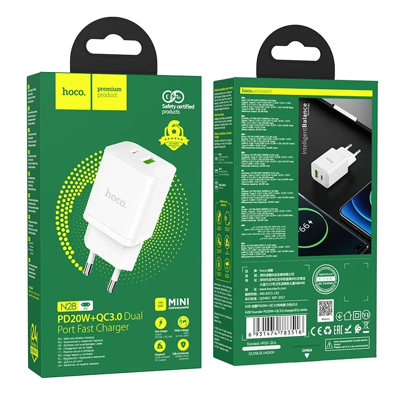 Φορτιστής Ταξιδίου Mini Hoco N28 Founder PD20W QC3.0A με 2 Εξόδους Φόρτισης 1xUSB-A και 1xUSB-C Λευκός Φορτιστής Ταξιδίου Mini Hoco N28 Founder PD20W QC3.0A με 2 Εξόδους Φόρτισης 1xUSB-A και 1xUSB-C Λευκός