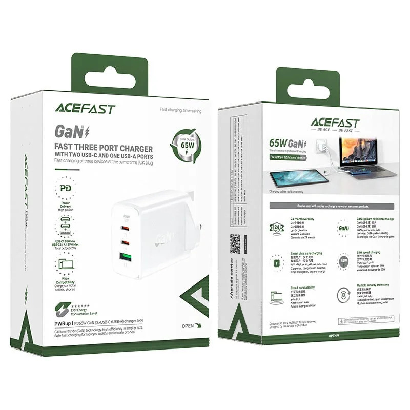 Φορτιστής Ταξιδίου Acefast A44 Fast Charging 2xUSB-C PD65W USB-A GaN Λευκός με UK Plug Φορτιστής Ταξιδίου Acefast A44 Fast Charging 2xUSB-C PD65W USB-A GaN Λευκός με UK Plug
