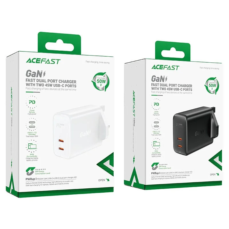 Φορτιστής Ταξιδίου Acefast A32 Fast Charging 2xUSB-C PD50W GaN Μαύρος με UK Plug Φορτιστής Ταξιδίου Acefast A32 Fast Charging 2xUSB-C PD50W GaN Μαύρος με UK Plug