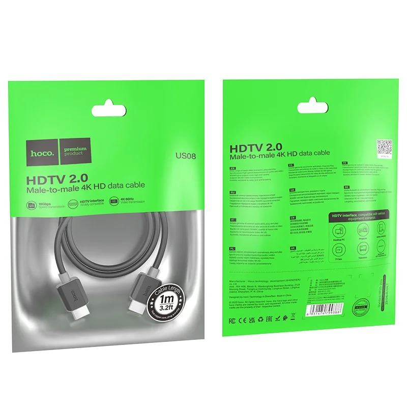 Καλώδιο Hoco US08 HDMI 2.0 σε HDMI 4K 60Hz HD 18Gbps Μαύρο 1m Καλώδιο Hoco US08 HDMI 2.0 σε HDMI 4K 60Hz HD 18Gbps Μαύρο 1m