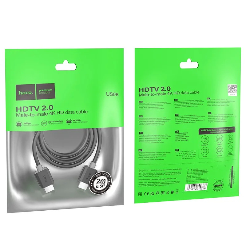 Καλώδιο Hoco US08 HDMI 2.0 σε HDMI 4K 60Hz HD 18Gbps Μαύρο 2m Καλώδιο Hoco US08 HDMI 2.0 σε HDMI 4K 60Hz HD 18Gbps Μαύρο 2m