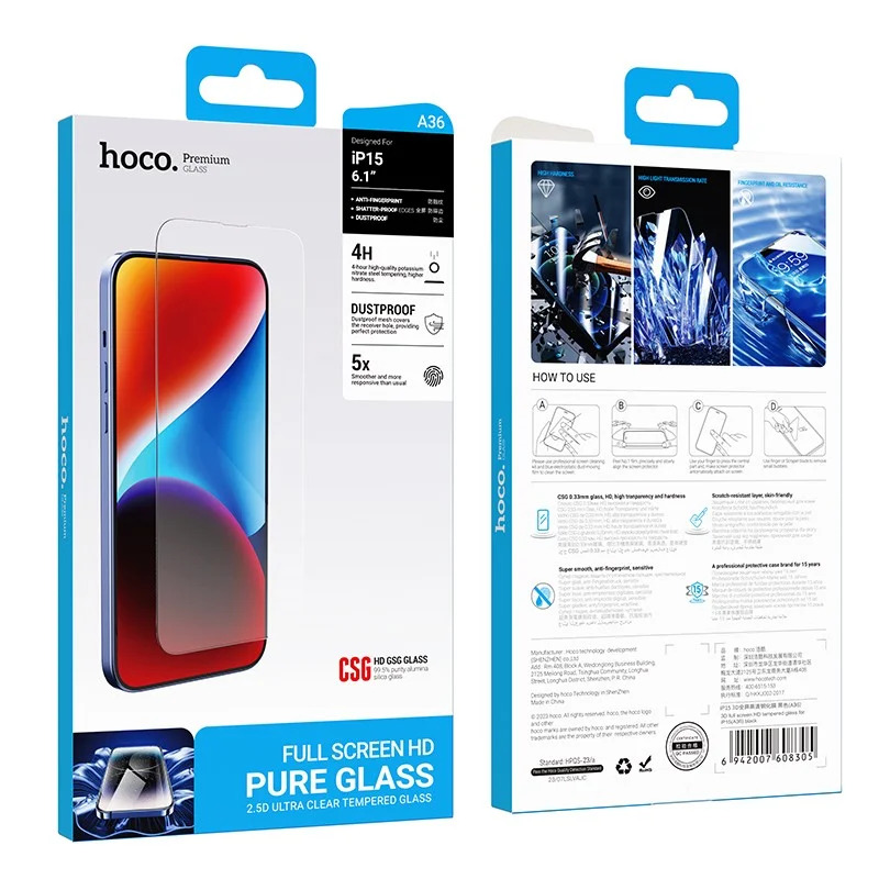Tempered Glass Hoco Premium Series A36 Anti-Fingerprint Dustproof 0.33mm 2.5D για Apple iPhone 15 Tempered Glass Hoco Premium Series A36 Anti-Fingerprint Dustproof 0.33mm 2.5D για Apple iPhone 15