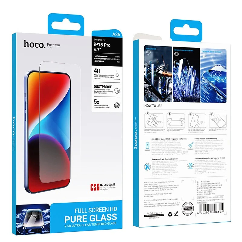 Tempered Glass Hoco Premium Series A36 Anti-Fingerprint Dustproof 0.33mm 2.5D για Apple iPhone 15 Pro Tempered Glass Hoco Premium Series A36 Anti-Fingerprint Dustproof 0.33mm 2.5D για Apple iPhone 15 Pro