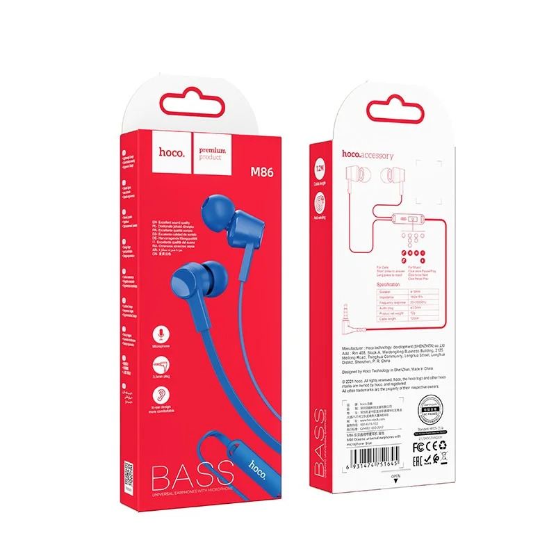 Hands Free Hoco M86 Oceanic Universal Earphones Deep Bass Stereo με 3.5mm Γωνιακό Κονέκτορα Μπλε 1.2m Hands Free Hoco M86 Oceanic Universal Earphones Deep Bass Stereo με 3.5mm Γωνιακό Κονέκτορα Μπλε 1.2m