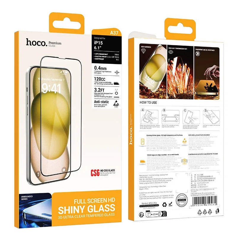 Tempered Glass Hoco Premium Series A37 120CC Large Arc Edges Dustproof 0.4mm 3D Anti-Static για Apple iPhone 15 Tempered Glass Hoco Premium Series A37 120CC Large Arc Edges Dustproof 0.4mm 3D Anti-Static για Apple iPhone 15