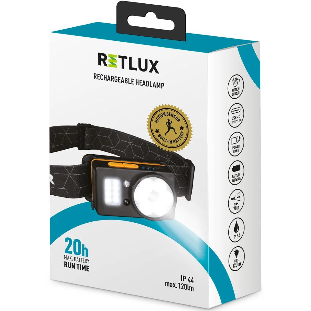Επαναφορτιζόμενος Φακός Κεφαλής Retlux RPL 702 120 Lumens IP44 Απόσταση Δέσμης: 70m με Extra COB lighting 200lm και Λειτουργία Power Bank Επαναφορτιζόμενος Φακός Κεφαλής Retlux RPL 702 120 Lumens IP44 Απόσταση Δέσμης: 70m με Extra COB lighting 200lm και Λειτουργία Power Bank